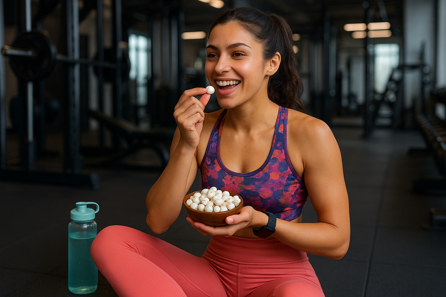 create an image of gym girl having makhanas