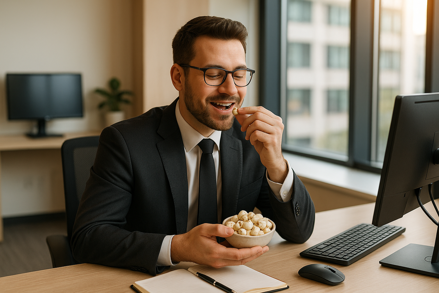 create an image of man wearing suit sitting in office having makhanas