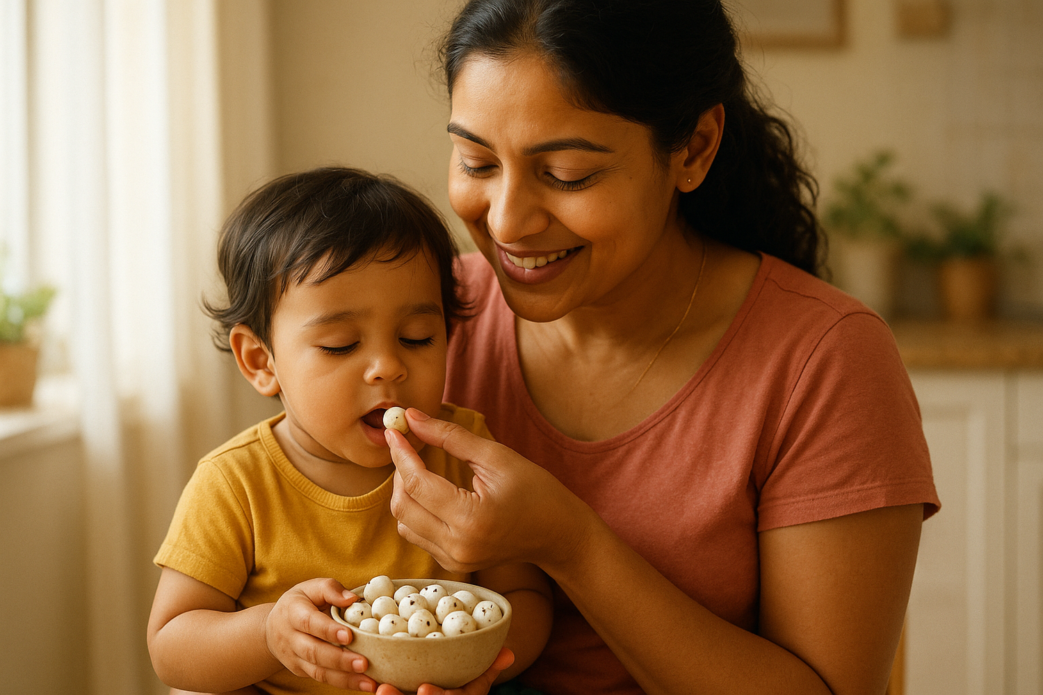 create an image of mum feeding her kid makhanas